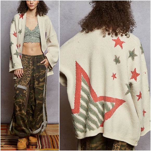 POL Cream Star Print Chenille Open Front Loose Fit Cardigan - Picture 1 of 4
